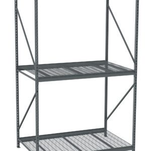A gray metal shelving unit with two adjustable shelves. The shelves have a mesh design, and the frame consists of vertical and diagonal support bars. The unit is empty and set against a white background.