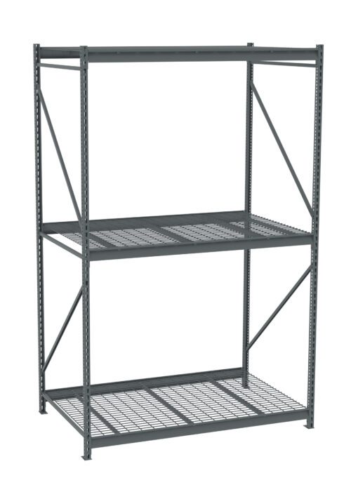wtr3idxxbyz8dihboazq.jpg A gray metal shelving unit with two adjustable shelves. The shelves have a mesh design, and the frame consists of vertical and diagonal support bars. The unit is empty and set against a white background.