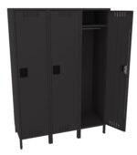 A set of three black metal lockers, with the rightmost locker door open. Inside, there is a hanging rod with no items. The lockers have ventilation slots and pull handles.