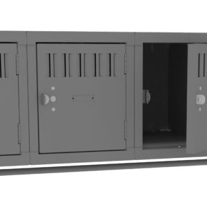 Four gray metal lockers are aligned in a row, with one locker door slightly open, revealing an empty interior. The lockers have ventilation slits at the top and a locking mechanism on each door.