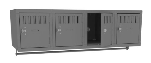 wv75wkboqnajzyjxe8fq.jpg Four gray metal lockers are aligned in a row, with one locker door slightly open, revealing an empty interior. The lockers have ventilation slits at the top and a locking mechanism on each door.