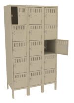 A beige metal locker unit with three columns and four rows of compartments. Some doors are slightly open, showing the empty interior. Each compartment has a small ventilation slit and a padlock hasp.