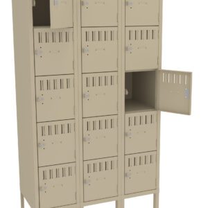 A beige metal locker unit with three columns and four rows of compartments. Some doors are slightly open, showing the empty interior. Each compartment has a small ventilation slit and a padlock hasp.