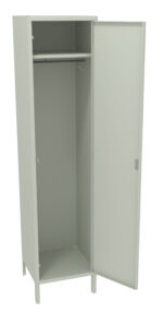 A tall, light gray metal locker with one door open, revealing an empty interior. Inside, there is a shelf at the top and a hanging rod. The locker stands on four legs.