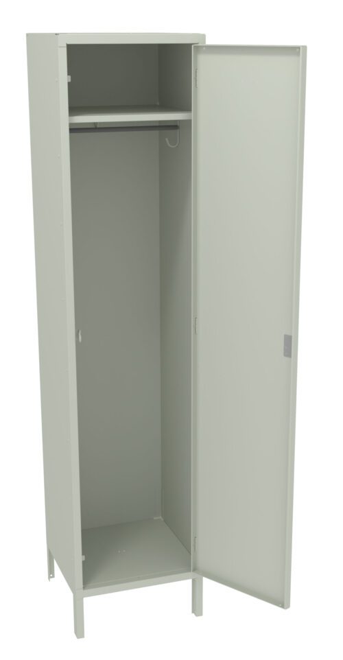 A tall, light gray metal locker with one door open, revealing an empty interior. Inside, there is a shelf at the top and a hanging rod. The locker stands on four legs.