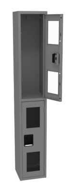 Tall gray metal cabinet with two compartments; the top compartment is open, displaying an electrical component, and the bottom compartment is closed.