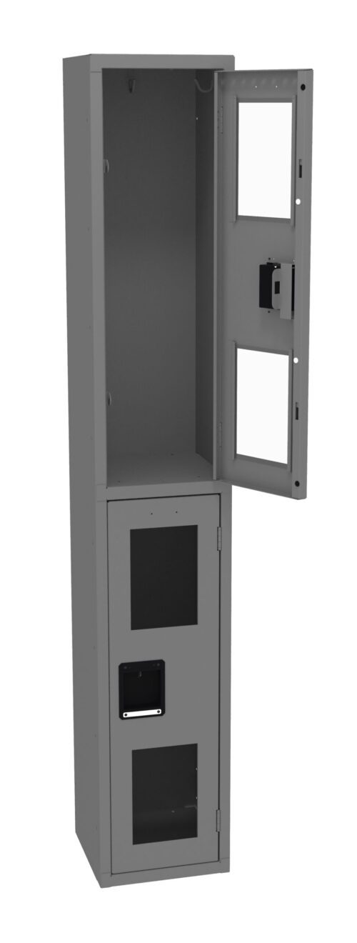 Tall gray metal cabinet with two compartments; the top compartment is open, displaying an electrical component, and the bottom compartment is closed.