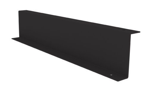 Black metal L-bracket with two holes on both ends for mounting.