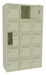 A beige metal locker unit with three columns and five rows. Several compartments have small, rectangular vents. Two doors are open, showing empty spaces inside. Each door has a latch and keyhole.