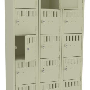 A beige metal locker unit with three columns and five rows. Several compartments have small, rectangular vents. Two doors are open, showing empty spaces inside. Each door has a latch and keyhole.