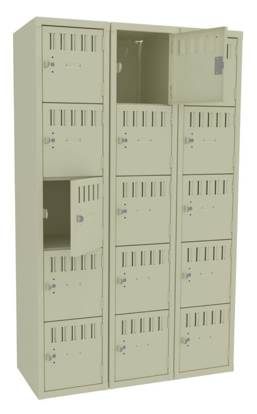 A beige metal locker unit with three columns and five rows. Several compartments have small, rectangular vents. Two doors are open, showing empty spaces inside. Each door has a latch and keyhole.