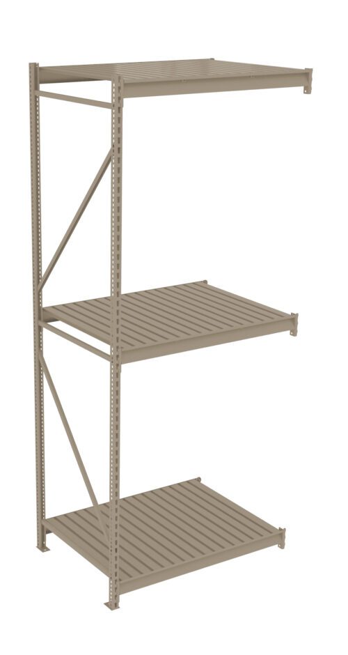 A metal storage rack with three adjustable shelves and a supportive frame, standing on the floor. The rack is empty and has a simple, industrial design suitable for organizing items in a garage or warehouse.
