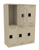 Tan metal locker unit with six compartments arranged in two rows and three columns. The top middle door is open, revealing the interior space. All lockers have black handles and ventilation slits.