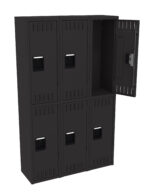 A set of black metal lockers with six compartments. The top right locker is open, revealing its interior. Each locker has a handle and ventilation slots near the top and bottom.