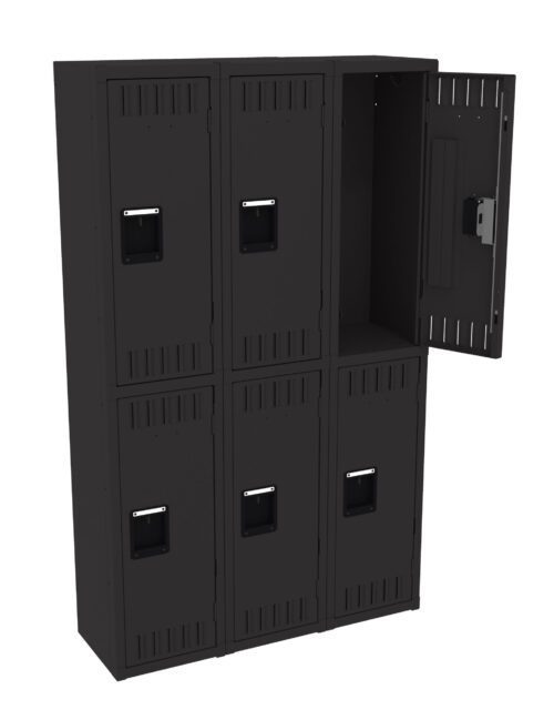 A set of black metal lockers with six compartments. The top right locker is open, revealing its interior. Each locker has a handle and ventilation slots near the top and bottom.