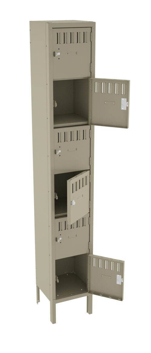 Tall steel locker with four compartments, all doors open. The locker is beige and features small ventilation slots on each door. The interior is empty, and the unit stands on four legs.