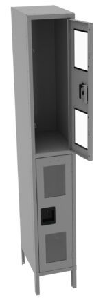 A tall gray metal locker with an open top door showing an empty compartment. The locker stands on four legs and has a closed lower door with a vent and handle.