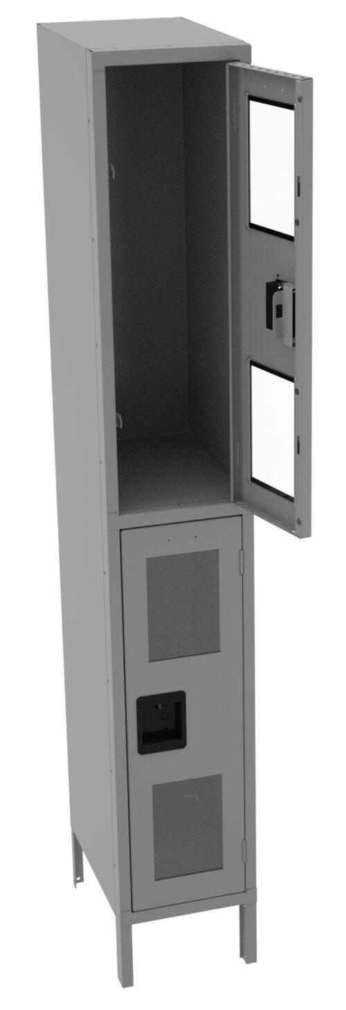 wwsbufq73zxplahpxxg1.jpg A tall gray metal locker with an open top door showing an empty compartment. The locker stands on four legs and has a closed lower door with a vent and handle.