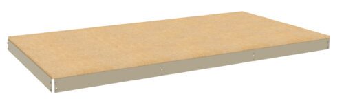 A rectangular beige shelf panel, possibly made of wood or particle board, with a simple, smooth surface and metallic edges. It appears to have pre-drilled holes for mounting or assembly purposes.