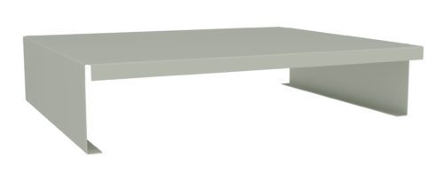 A minimalist, light grey metal monitor stand with a flat top surface and open sides, designed to elevate a computer screen for ergonomic comfort.