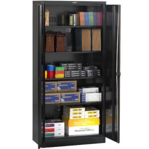 A black metal cabinet with glass doors, containing organized office supplies. Shelves hold various colored files, stacks of envelopes, boxes of printer paper, and assorted stationery items.
