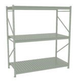 Steel shelving unit with three open shelves and a sturdy frame, designed for storage or organization. The structure features metal slats on each shelf and is painted in a light gray color. The design is industrial and functional.