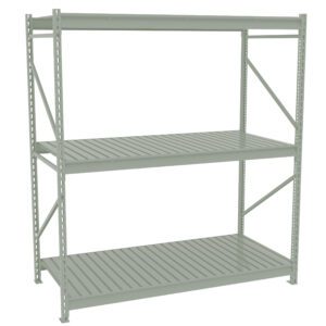 Steel shelving unit with three open shelves and a sturdy frame, designed for storage or organization. The structure features metal slats on each shelf and is painted in a light gray color. The design is industrial and functional.
