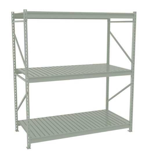 Steel shelving unit with three open shelves and a sturdy frame, designed for storage or organization. The structure features metal slats on each shelf and is painted in a light gray color. The design is industrial and functional.