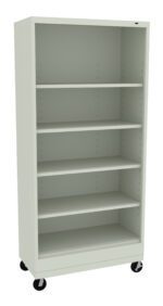 A tall, light grey metal bookshelf with five shelves and no back panel, standing on four black wheels.
