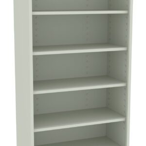 A tall, light grey metal bookshelf with five shelves and no back panel, standing on four black wheels.