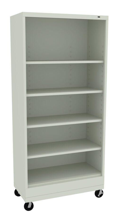 A tall, light grey metal bookshelf with five shelves and no back panel, standing on four black wheels.