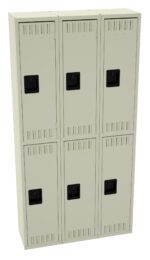 A beige metal locker unit with six compartments, arranged in two rows of three. Each compartment has a black square handle and small ventilation slits near the top and bottom. The locker is set against a plain white background.