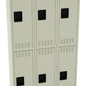 A beige metal locker unit with six compartments, arranged in two rows of three. Each compartment has a black square handle and small ventilation slits near the top and bottom. The locker is set against a plain white background.