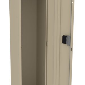 A beige metal locker with an open door revealing an interior space. Inside, there is a hanging rod near the top and an empty space below. The locker has a combination lock on the door.