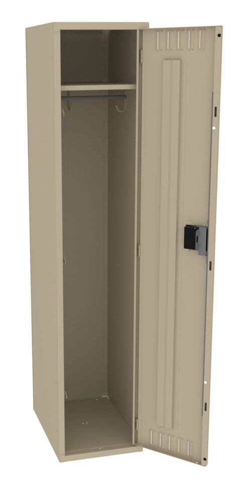 A beige metal locker with an open door revealing an interior space. Inside, there is a hanging rod near the top and an empty space below. The locker has a combination lock on the door.