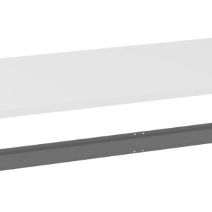 A rectangular white shelf and a black metal bracket are shown, with the bracket positioned below the shelf, likely to be used for wall mounting. The shelf has a smooth surface and the bracket features small holes for screws.