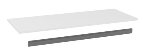 x0czwijgvh8dm5jxw6xq.jpg A rectangular white shelf and a black metal bracket are shown, with the bracket positioned below the shelf, likely to be used for wall mounting. The shelf has a smooth surface and the bracket features small holes for screws.