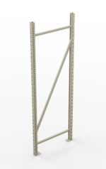 A metal shelving frame with vertical and diagonal supports, featuring multiple holes for adjustable shelving. The frame is standing upright against a plain white background.