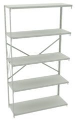 A metal shelving unit with five adjustable shelves and cross-bracing on the back for support. The shelves are light grey, and the unit is empty, showcasing its storage potential.