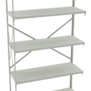 A metal shelving unit with five adjustable shelves and cross-bracing on the back for support. The shelves are light grey, and the unit is empty, showcasing its storage potential.