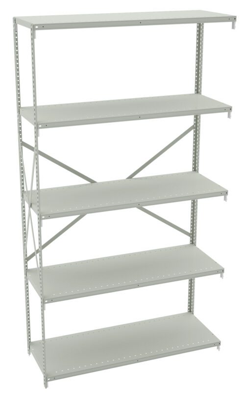 x0ipj1pvwdztonhkd8qo.jpg A metal shelving unit with five adjustable shelves and cross-bracing on the back for support. The shelves are light grey, and the unit is empty, showcasing its storage potential.