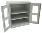 Open metal cabinet with two doors and two internal shelves. The cabinet is empty and light gray in color.