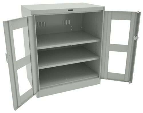 x0zgpvarkdtza43qo13l.jpg Open metal cabinet with two doors and two internal shelves. The cabinet is empty and light gray in color.
