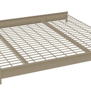 A beige metal wire shelf with a grid pattern, supported by horizontal bars on the sides and back. The shelf has a sturdy, industrial design and is viewed at an angle above.