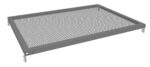 A rectangular, gray perforated metal sheet tray with raised edges, viewed from a low angle, showcasing its mesh-like surface and sturdy frame.