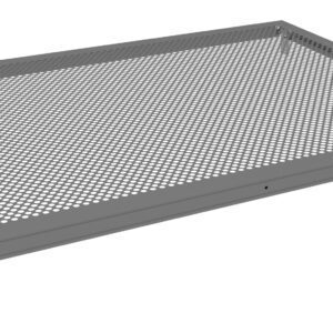 A rectangular, gray perforated metal sheet tray with raised edges, viewed from a low angle, showcasing its mesh-like surface and sturdy frame.