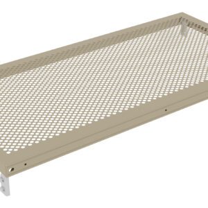 A rectangular, beige metal shelf with a perforated surface. It has a sturdy frame and small mounting brackets at each corner for installation.