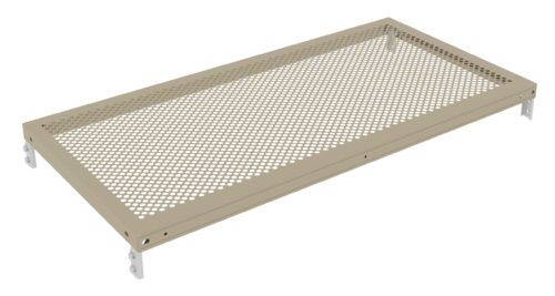 A rectangular, beige metal shelf with a perforated surface. It has a sturdy frame and small mounting brackets at each corner for installation.