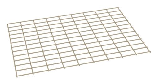 A beige wire grid or mesh panel with evenly spaced square openings, viewed from an angle, against a white background.