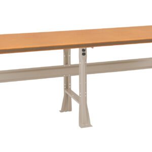 A long, industrial-style workbench featuring a wooden tabletop and sturdy, adjustable metal legs in a neutral color. The design is simple and functional, suitable for various workshop or garage environments.